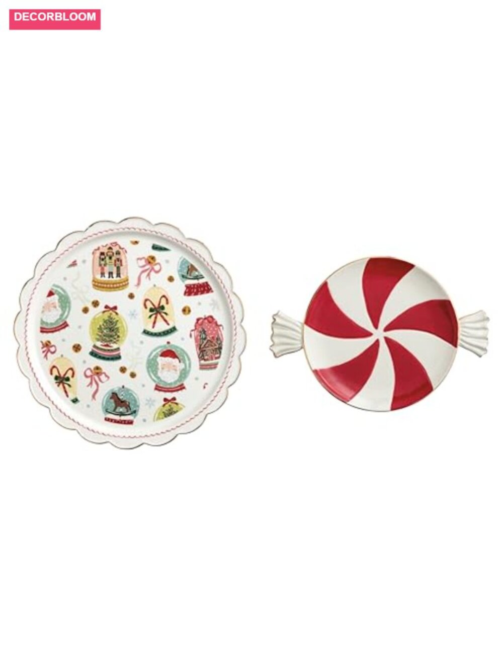 Christmas Candy Platter Set Stoneware Serving Trays 2 Piece Hand-Painted Holiday